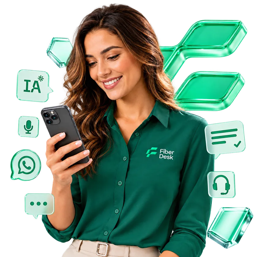 Atendente do provedor resolvendo o atendimento pelo WhatsApp com a IA do Fiber Desk
