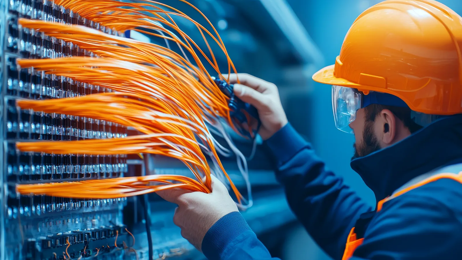 Técnico de provedor de internet manuseando cabos em caixa de emenda óptica na lateral de uma via urbana.